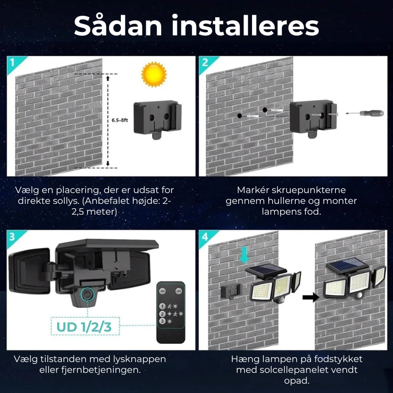 LysVærn™ |Udendørs solcelledrevet LED-væglampe med bevægelsessensor – 200 LED og vandtæt