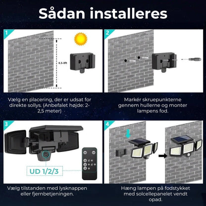 LysVærn™ |Udendørs solcelledrevet LED-væglampe med bevægelsessensor – 200 LED og vandtæt