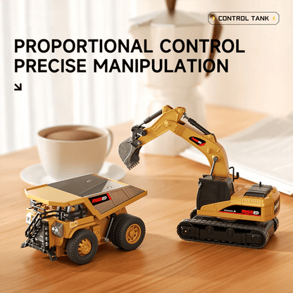 MiniMaskin™ | 1:64 Premium Mini RC Metalbyggesæt – Gaffeltruck, Gravemaskine og Dumper